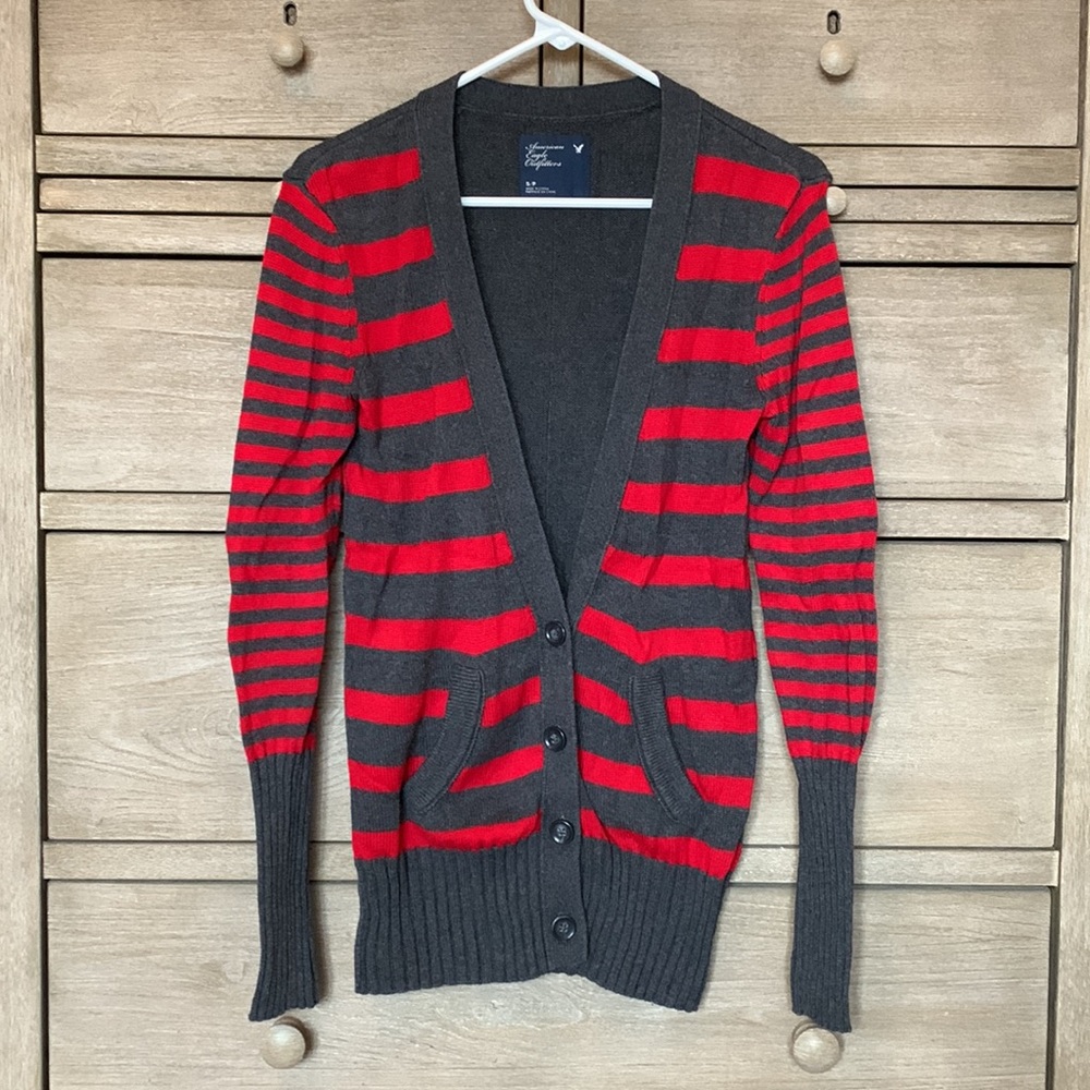 American Eagle Grey/Red Stripe Boyfriend Cardigan